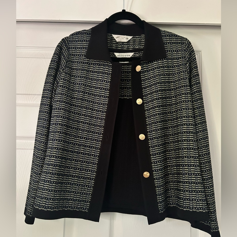 Misook Black textured Striped lady jacket and matching top with gold buttons